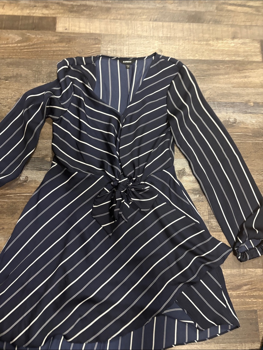 Express Navy and White Striped Tie-Front Long Sleeve Dress